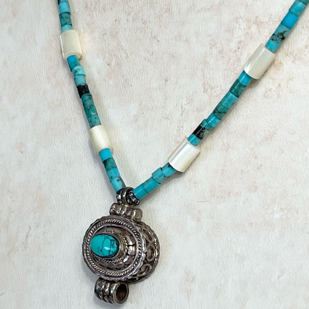 Turquoise and Mother of Pearl necklace with Tibetan prayer pendant